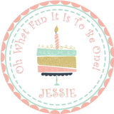 Pastel pink and mint 1st birthday cake sticker with personalized name