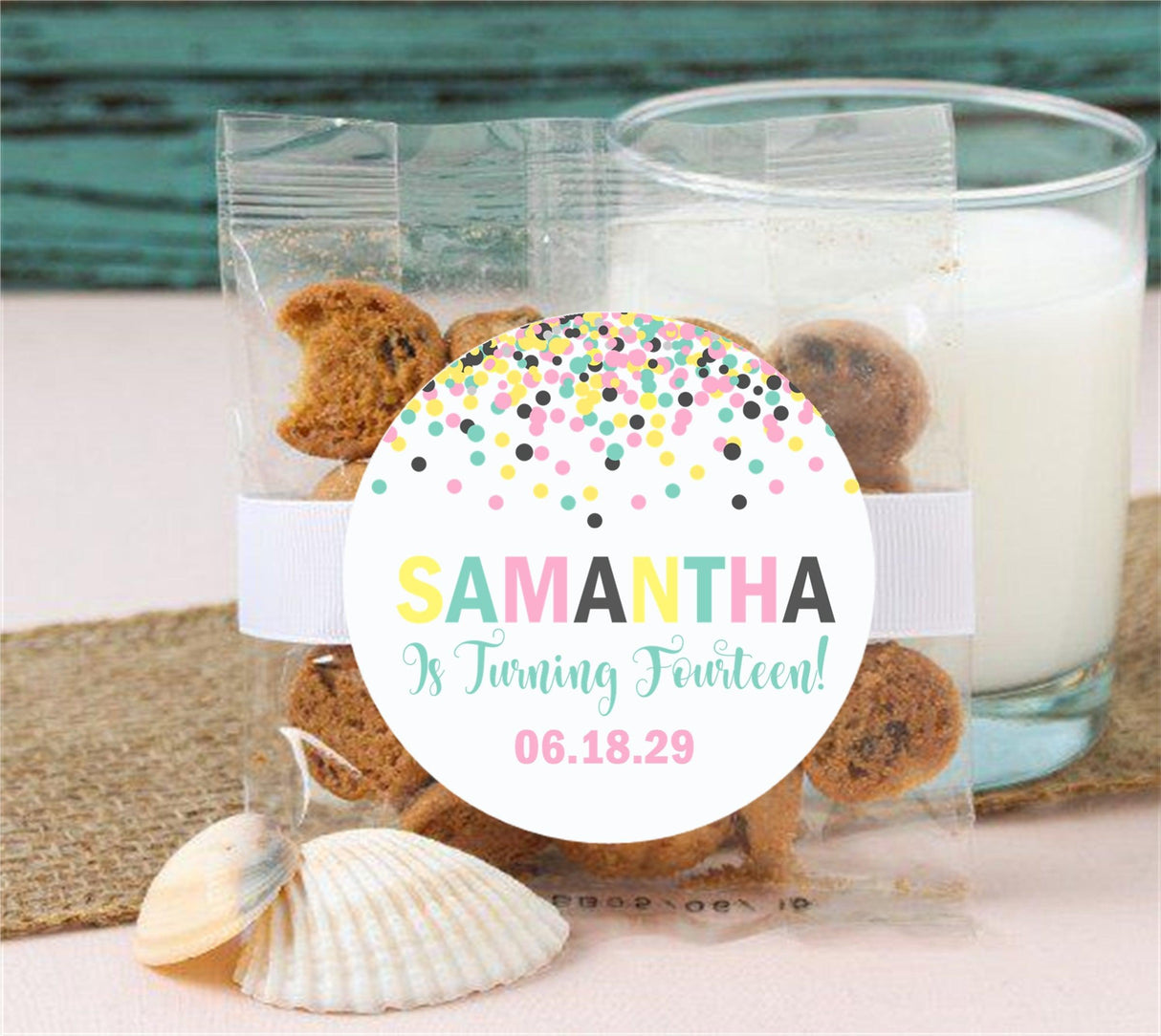Pastel sprinkle treat bag sticker with birthday text