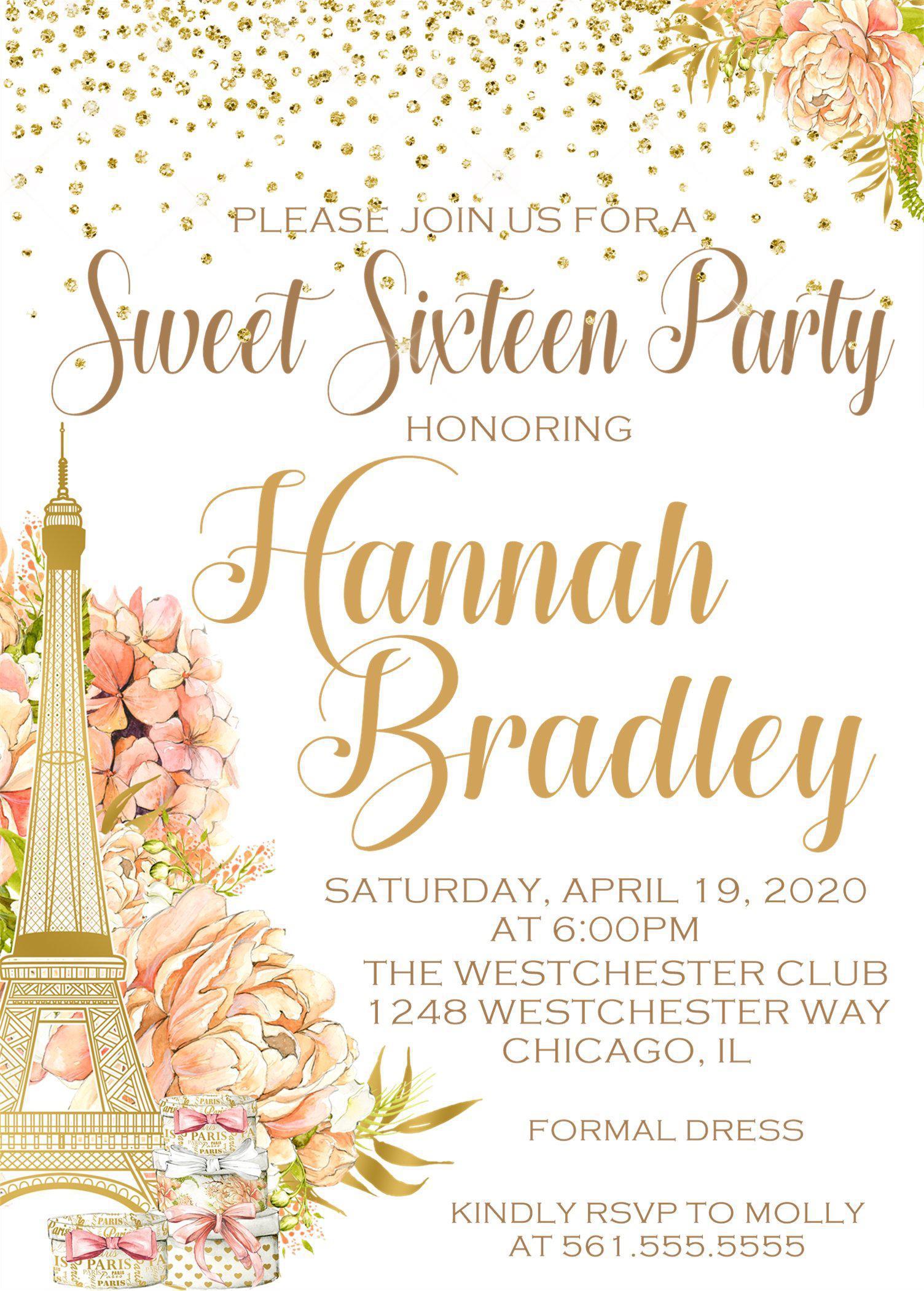Peach And Gold Paris Sweet 16 Party Invitations