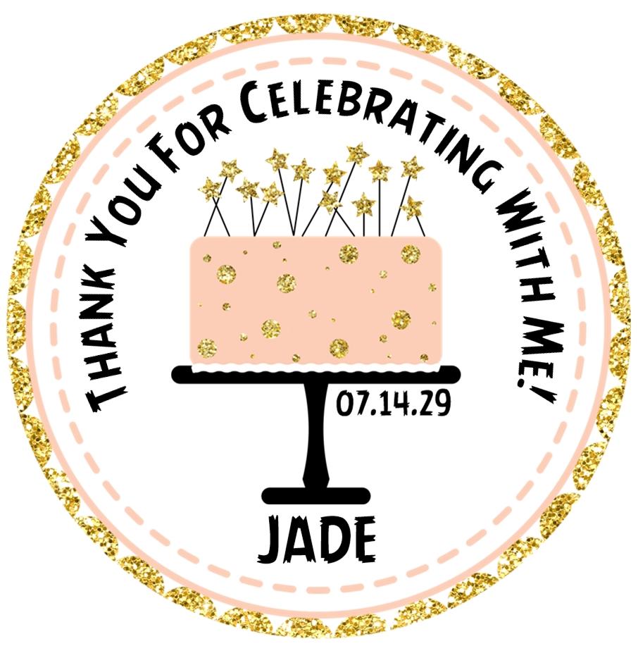 Peach and black birthday cake sticker with gold star accents