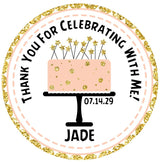 Peach and black birthday cake sticker with gold star accents