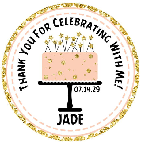 Peach and black birthday cake sticker with gold star accents
