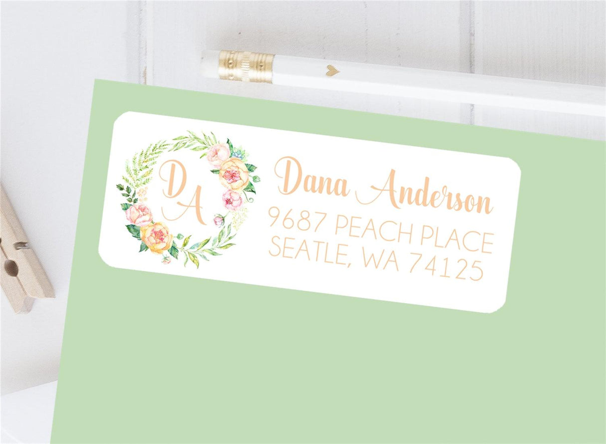 Peach floral initial monogram address labels