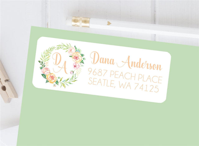 Peach floral initial monogram address labels