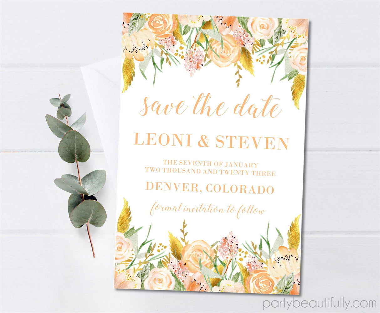 Peach gold wedding save the date