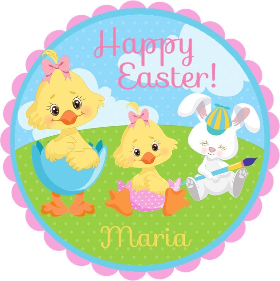 Personalized Easter stickers featuring chicks and bunny illustration