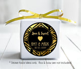 Personalized Gatsby wedding favor label in black and gold