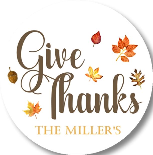 Personalized Give Thanks fall sticker featuring scattered autumn leaves