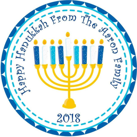 Personalized Hanukkah sticker with turquoise and blue menorah design