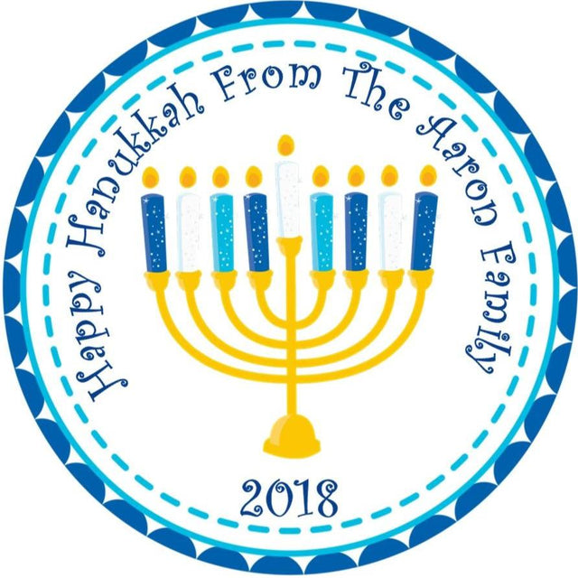Personalized Hanukkah sticker with turquoise and blue menorah design