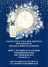 Personalized New Year's Eve party invitation with midnight clock artwork and elegant blue and gold styling