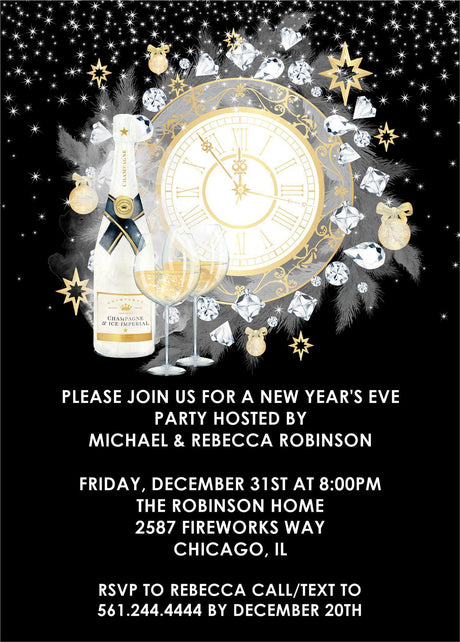 Personalized New Year's Eve party invitations with clocks striking midnight and festive gold accents
