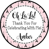 Personalized Paris party favor label in pink