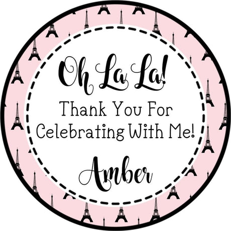 Personalized Paris party favor label in pink