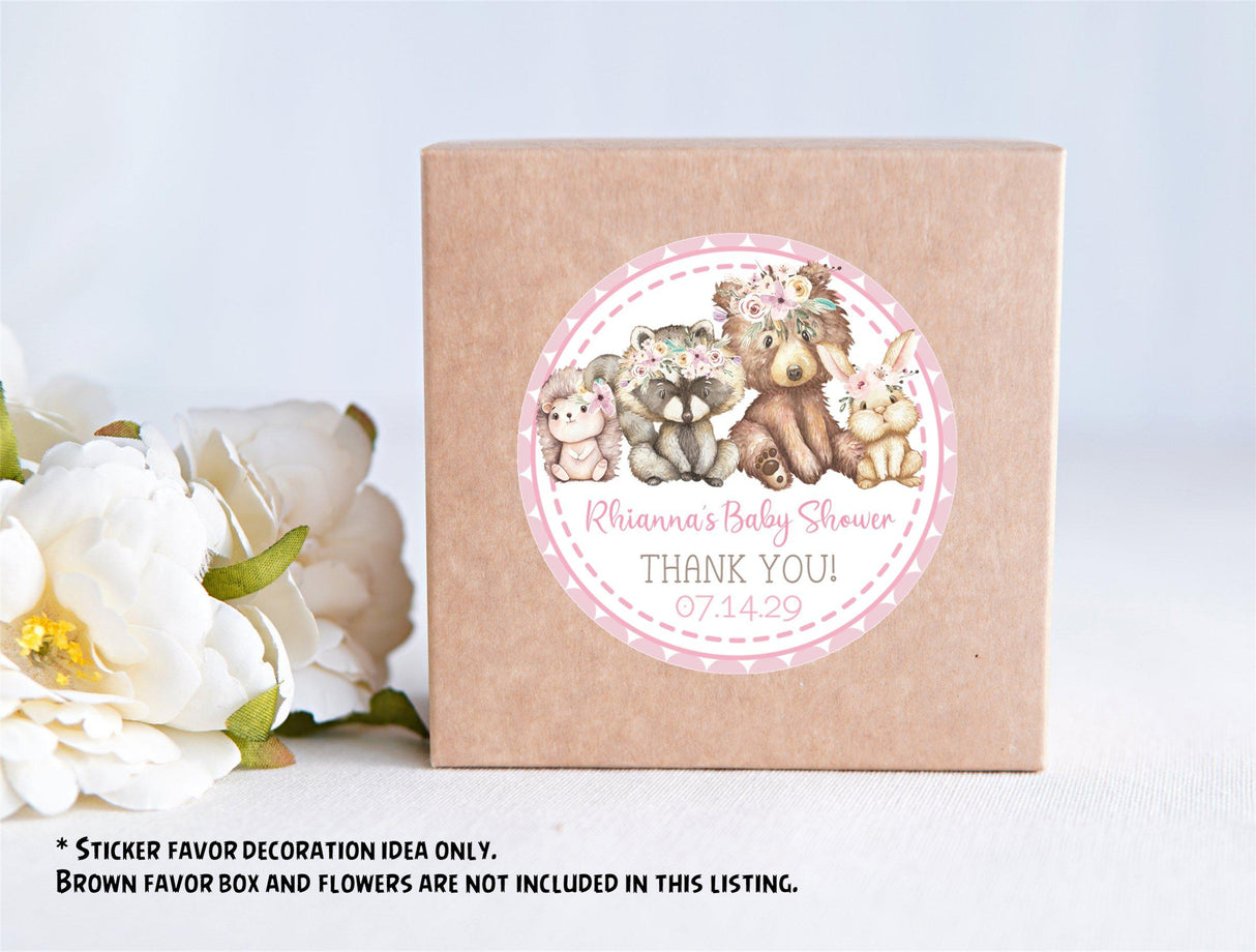 Personalized baby shower favor stickers for girl woodland theme