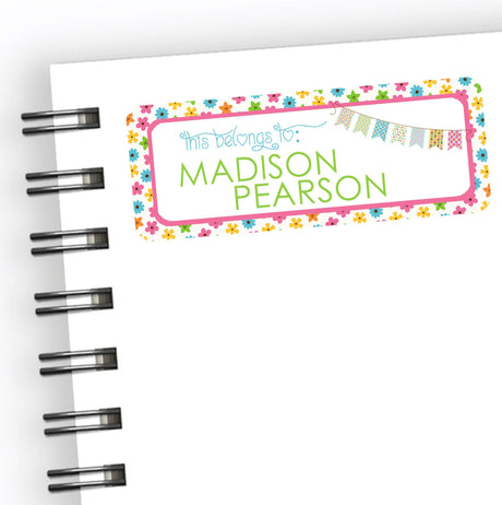 Personalized back to school name label with colorful flower border