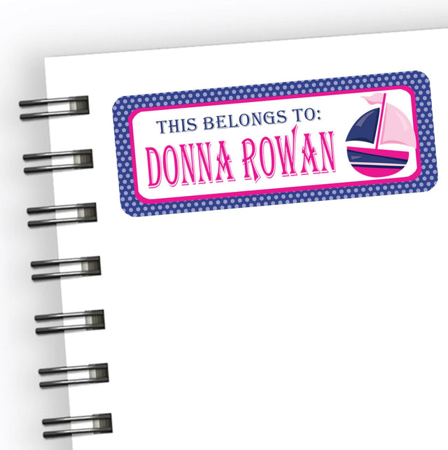 Personalized back to school name label with pink nautical sailboat illustration