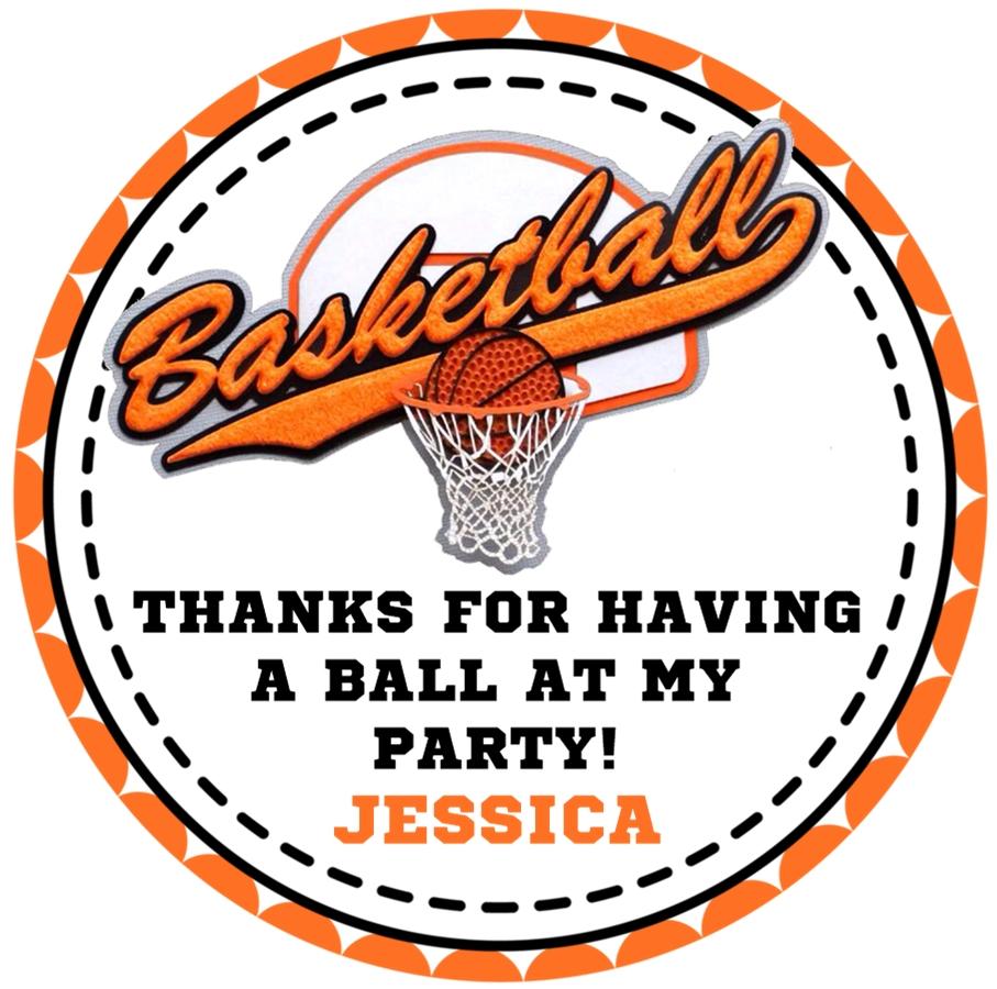 Personalized basketball party favor label with hoop