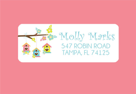 Personalized birdhouse branch address label with hanging birdhouses
