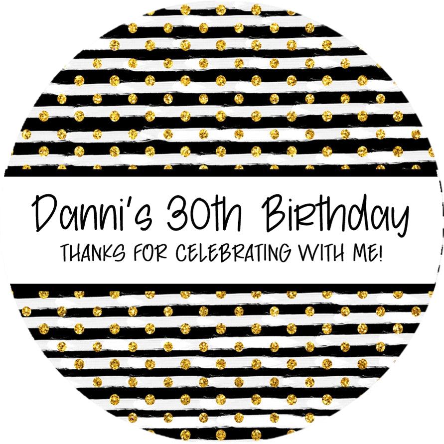 Personalized black and gold milestone birthday favor label