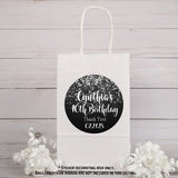 Personalized black bokeh birthday sticker for milestone parties