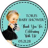 Personalized black dress baby shower sticker featuring pearls and tiara