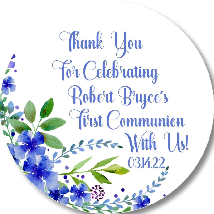 Personalized blue communion favor label
