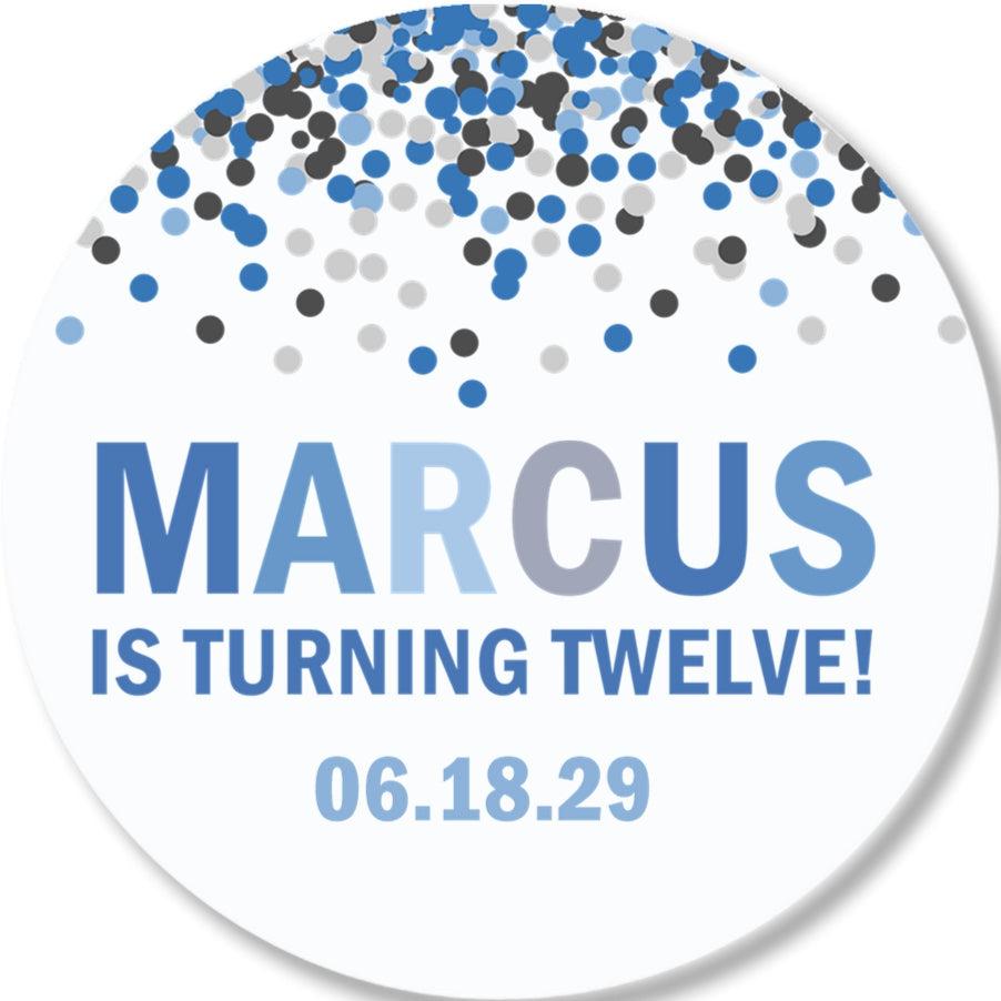 Personalized blue confetti thank you label