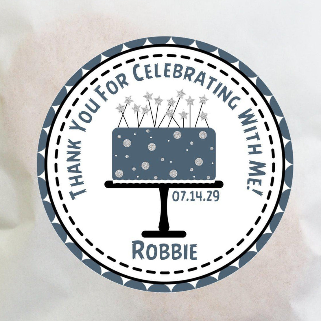 Personalized blue grey cake party favor label