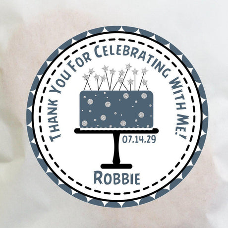 Personalized blue grey cake party favor label