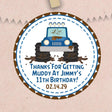 Personalized blue muddy truck party favor label
