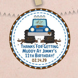 Personalized blue muddy truck party favor label