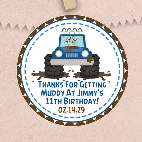 Personalized blue muddy truck party favor label