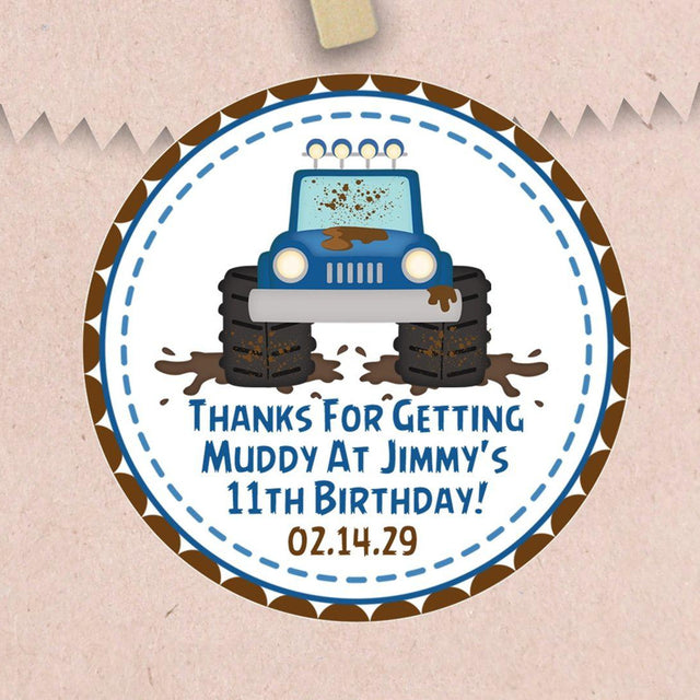 Personalized blue muddy truck party favor label