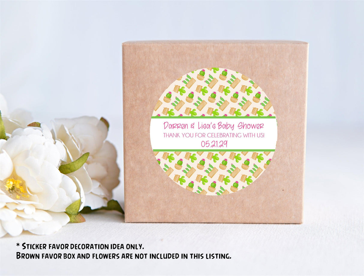Personalized cactus baby shower stickers with white center banner