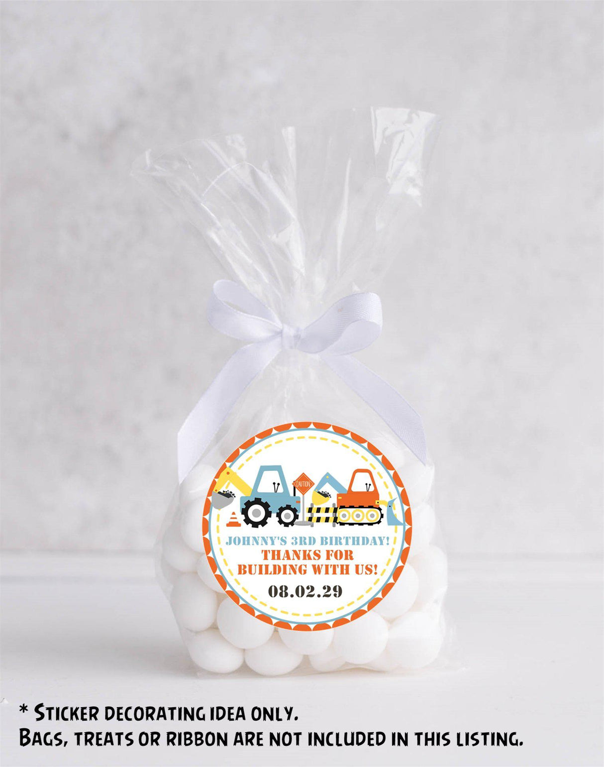 Personalized construction party stickers in blue and orange