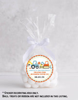 Personalized construction party stickers in blue and orange