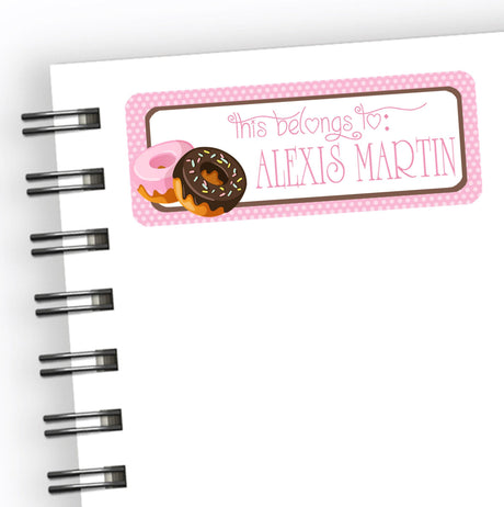 Personalized donut school supply label in pink and brown
