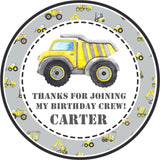 Personalized dump truck party favor sticker with construction vehicle background