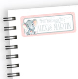 Personalized elephant school name label with illustrated animal