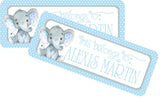 Personalized elephant school supply label featuring cute elephant artwork