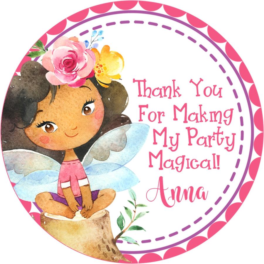 Personalized fairy party favor sticker featuring a brown-skinned fairy