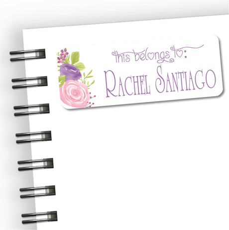 Personalized floral back to school name label with pink and lavender flowers
