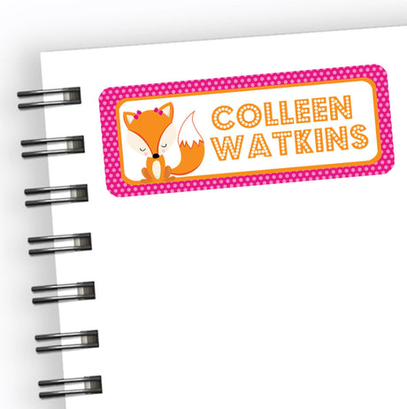 Personalized fox back to school name label with pink polka dot border