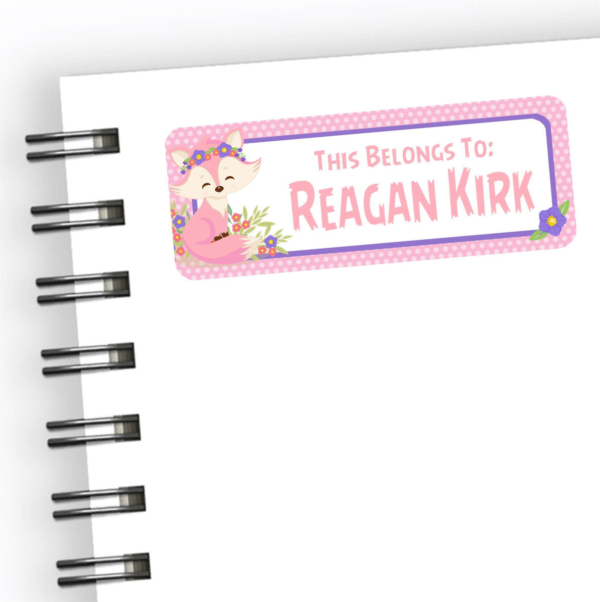 Personalized fox school name label with floral illustration