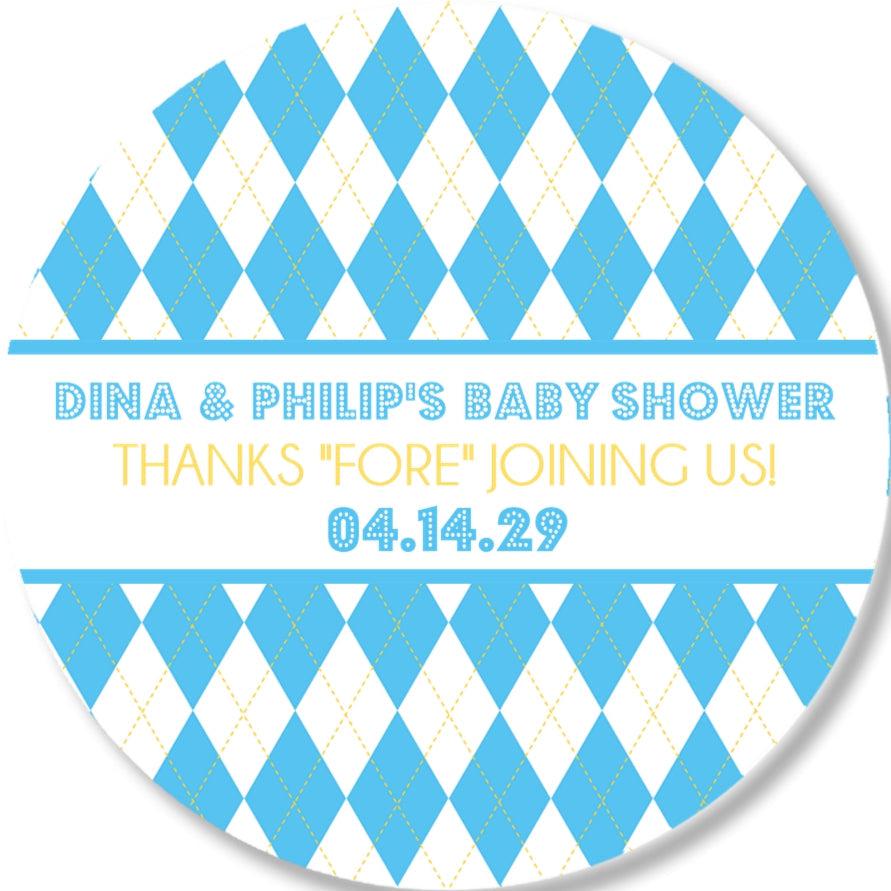 Personalized golf baby shower favor label for boys.