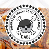 Personalized grey pirate sticker for birthday treat bags