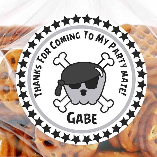 Personalized grey pirate sticker for birthday treat bags