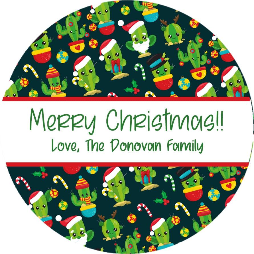 Personalized holiday cactus favor labels with repeating design