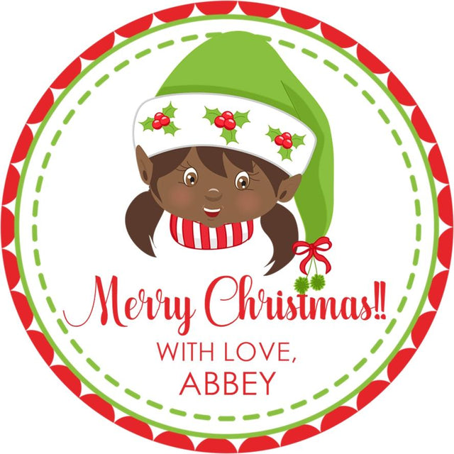 Personalized holiday elf sticker for Christmas favors